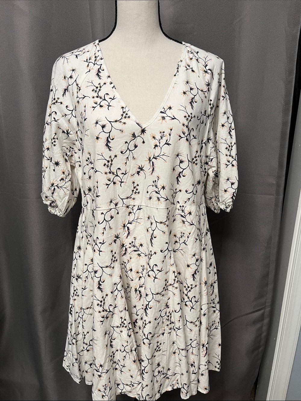Universal Thread Cream Mini Dress with Black Vine and Tan Floral Accents